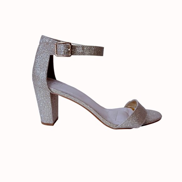 Gold Glitter Block Heel Sandals Size 8 Ankle Strap Open Toe Formal Party Shoes - Picture 14 of 14